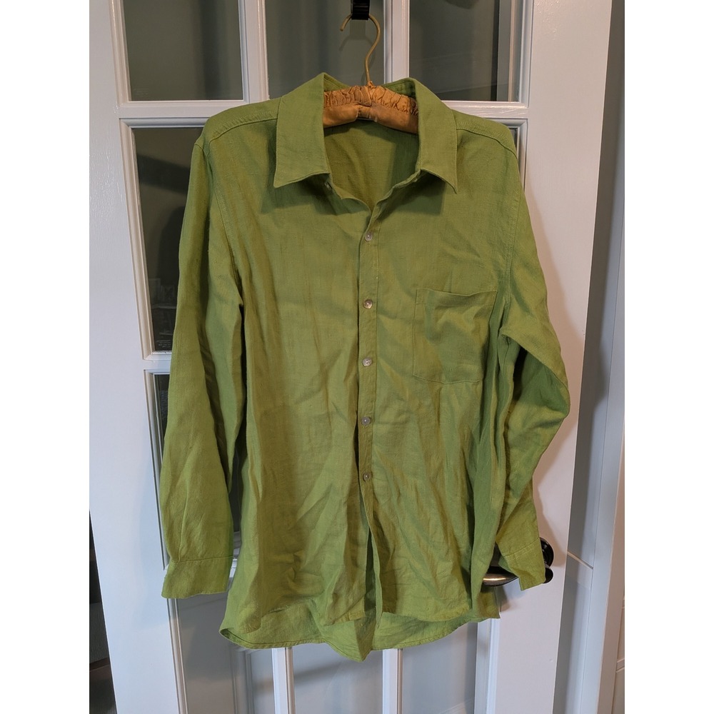Chicos Design Lime Green 100% Linen Button Down Shirt Size 2 Large Long Sleeve